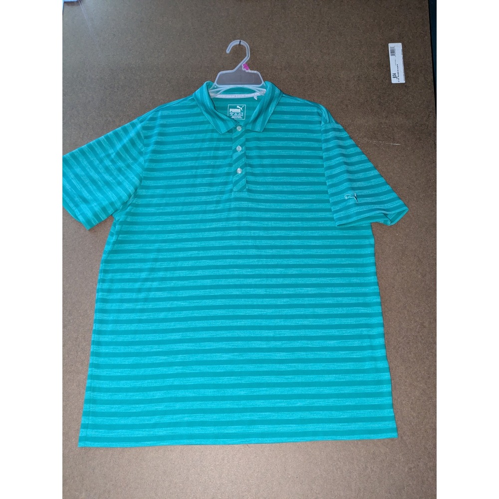 Puma Golf Mens Large Teal Green Striped DryCell Performance Polo Shirt